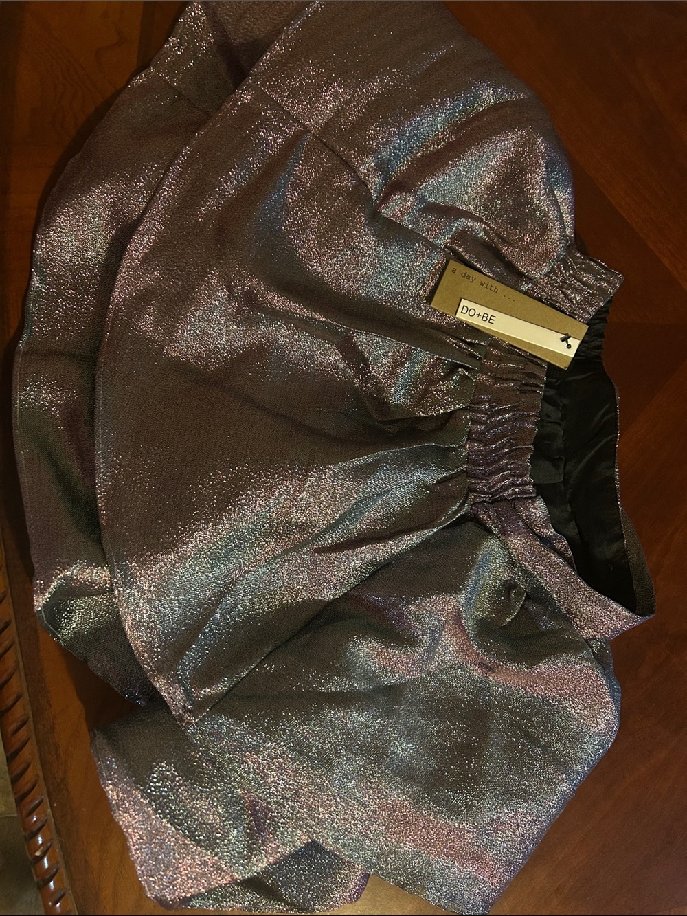 DO+BE Iridescent Metallic Circle Skirt in Silver-Blue Sheen